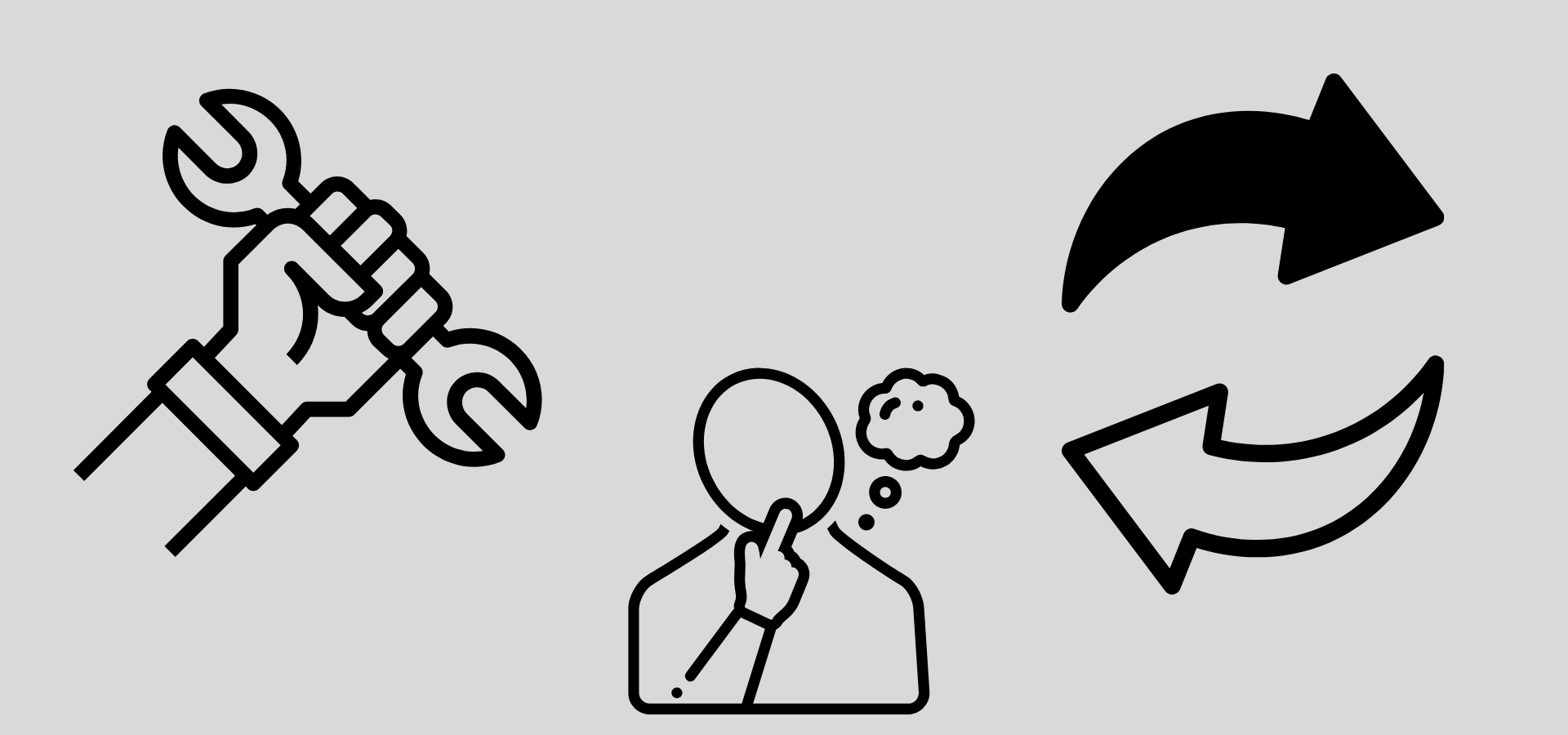 Handyman Repair Replace Home Improvement Hand holding wrench, thinking person, and looping arrows. Repair or replace concept.
