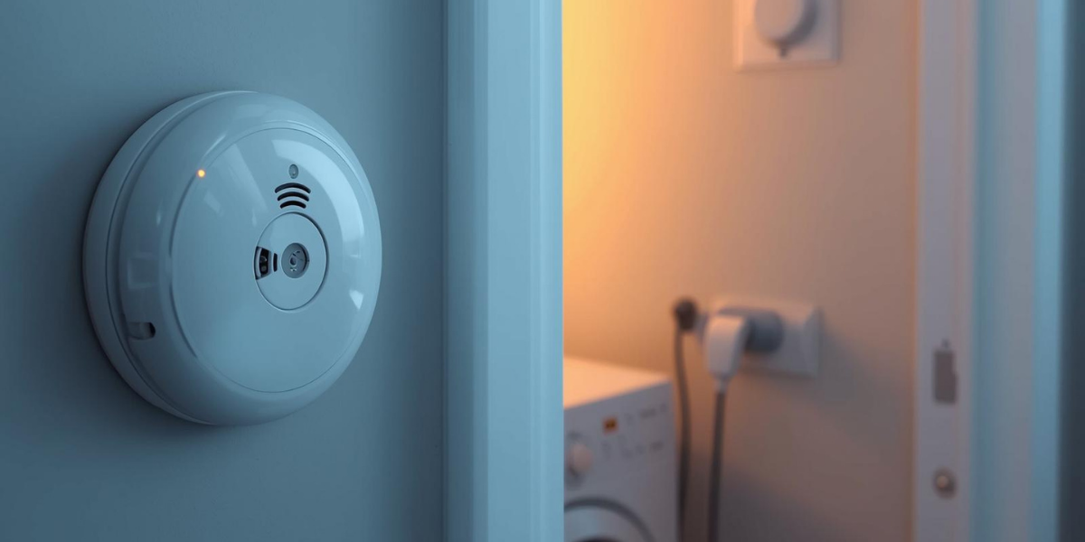 Smoke Detector Wall Mounted Fire Safety White smoke detector mounted on a wall, promoting fire safety awareness.
