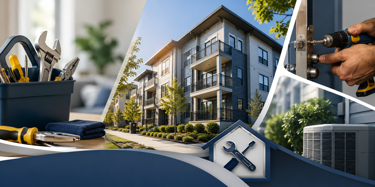 Apartment building maintenance: tools, HVAC unit, and door lock repair