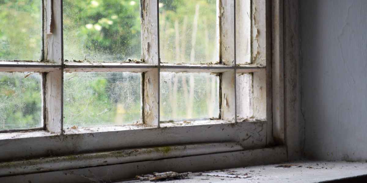 Dilapidated Window Deferred Maintenance Dilapidated window frame with peeling paint and dirty glass, showing overgrown greenery outside.