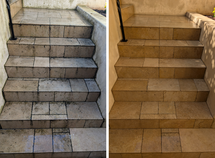before and after cleaning of stone steps