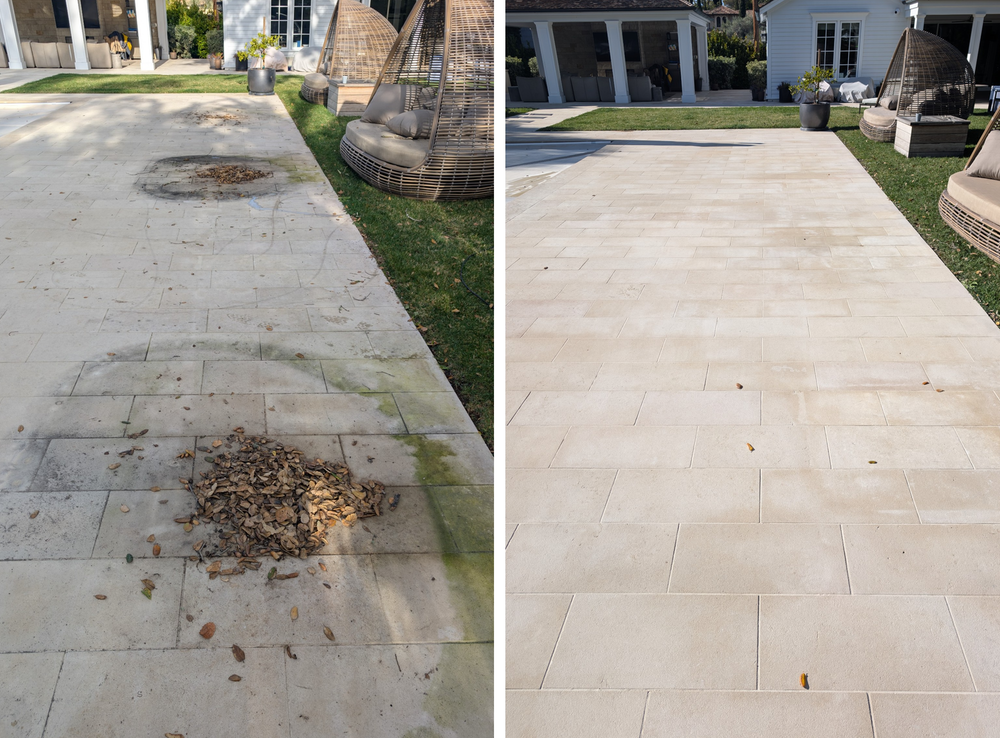 Before and after cleaning of a patio area with tile flooring