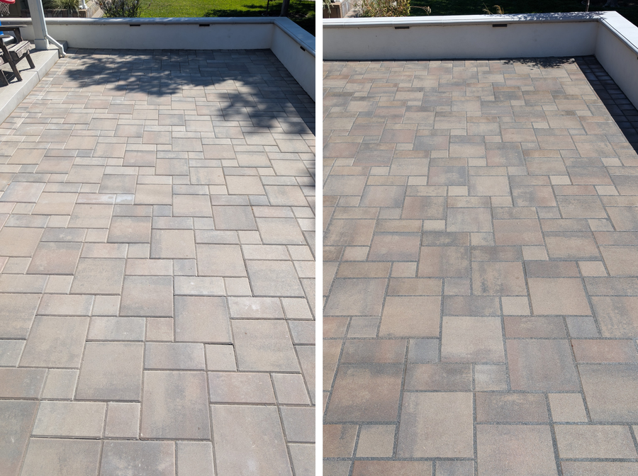 Before and after comparison of a brick patio area