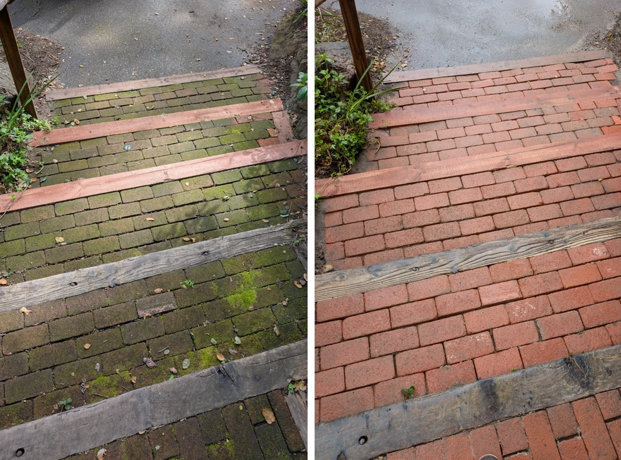 Before and after cleaning of mossy brick stairs, revealing bright red bricks