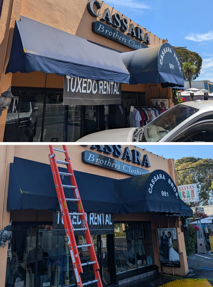 Cassara Brothers Clothing store exterior with awnings, one being cleaned, and tuxedo rental sign.