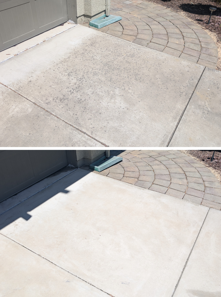 Before and after pressure washing of a stained concrete driveway and paver walkway.