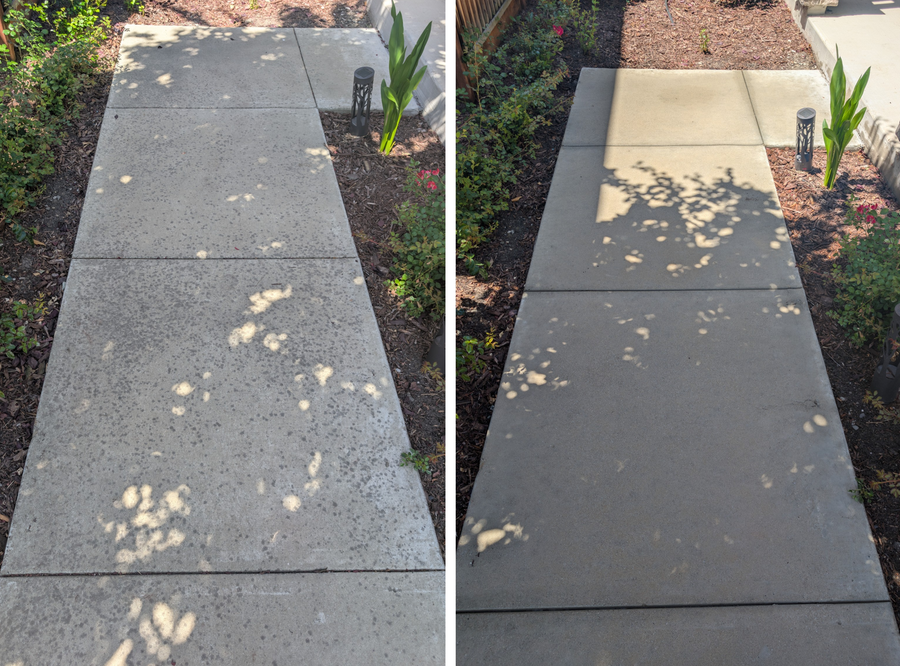 Before and after cleaning a dirty concrete sidewalk with shadows from trees.