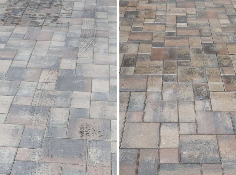 Before and after cleaning of dirty, stained pavers with tire marks.